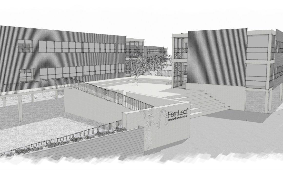 Architectural rendering of School campus featuring multiple buildings surrounding main courtyard